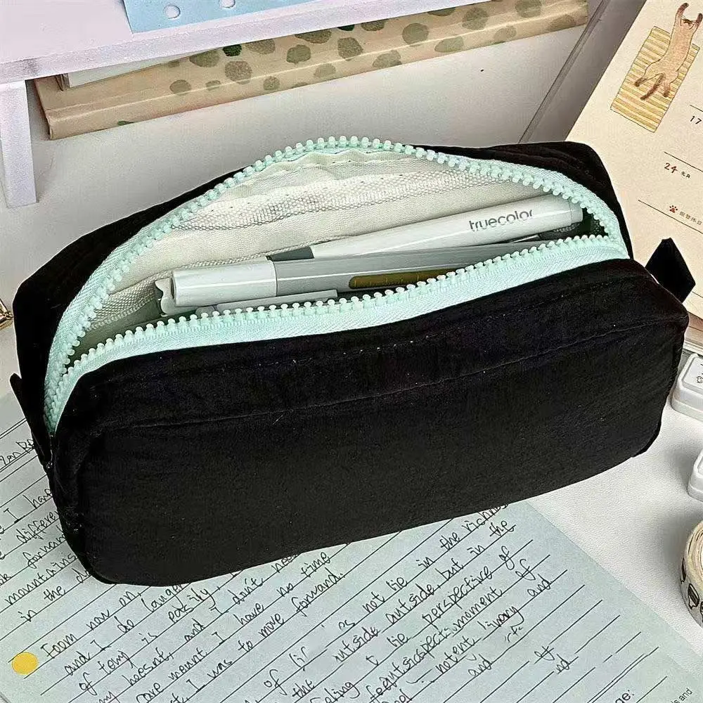 Fresh Solid Color Simplicity Pen Bag Large Capacity Zipper Stationery Bag Portable Students Pencil Case For School Office image 2