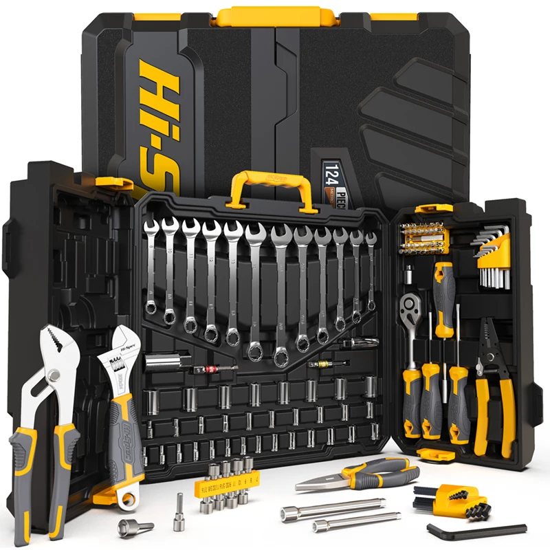 Hi-Spec 124 Pieces Household Tool Kit Workshop Hardware Daily Hand Tool Sets for Home Repair in Plastic Tool Box Storage Case