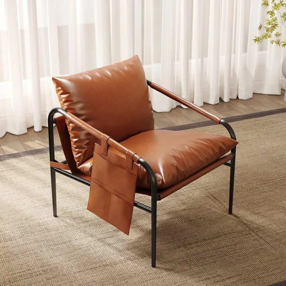 كرسي جلدي لغرفة المعيشة بإطار معدني وأذرع مبطنة وجيوب جانبية وحشو قطن حبيبي - Op باللونين الأسود والبني #3