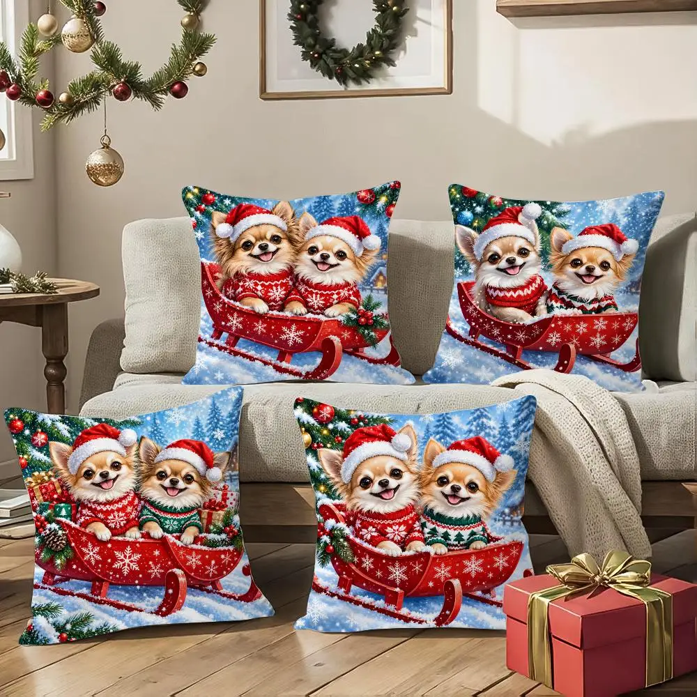 Cute Chihuahua Christmas Winter Cushion Cover Square Decorative Sofa Pillow Case Bedroom Living Room Home Decor Gift