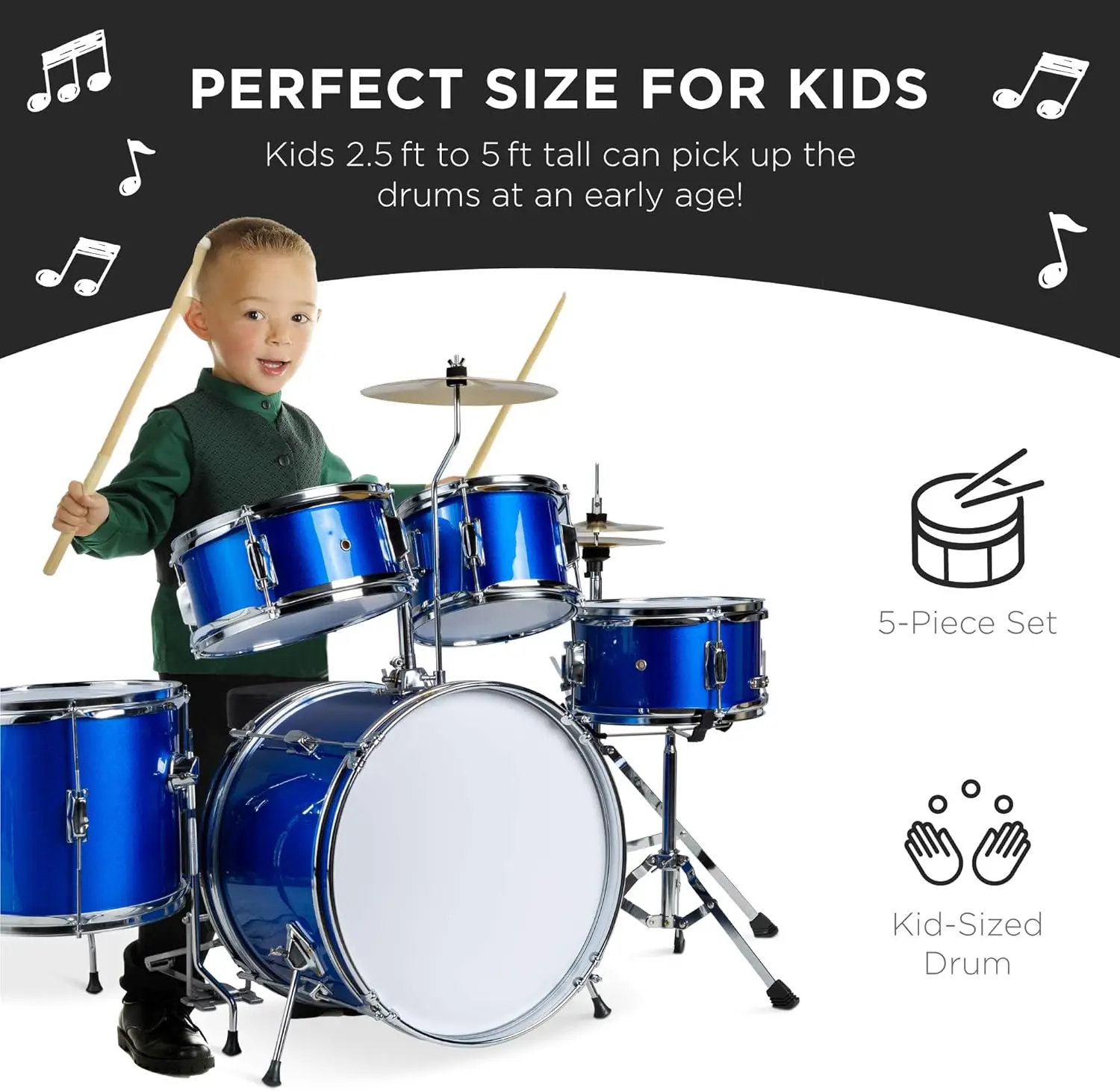 Kids Drum Set 5-Piece 16in Beginner Drum Set Junior Drum Kit, Starter Percussion Set w/Cymbals - Blue