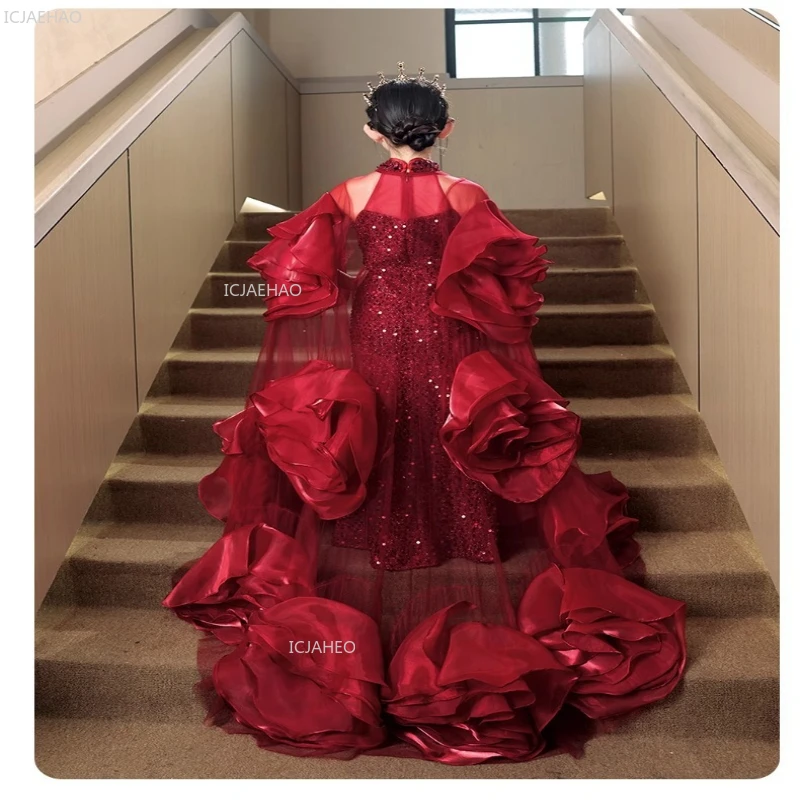 Red Kids Girls Evening Dress with Long Train for PianoShow Pageant Formal Celebration Gown Performance Host Children Fashion view 5