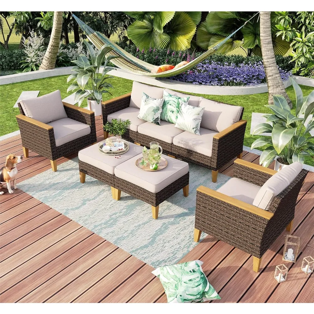 7 Piece Wicker Patio Furniture Set, 2 x Single Chair, 2 x Ottoman, 3-Seat Sofa, (Beige Cushions)