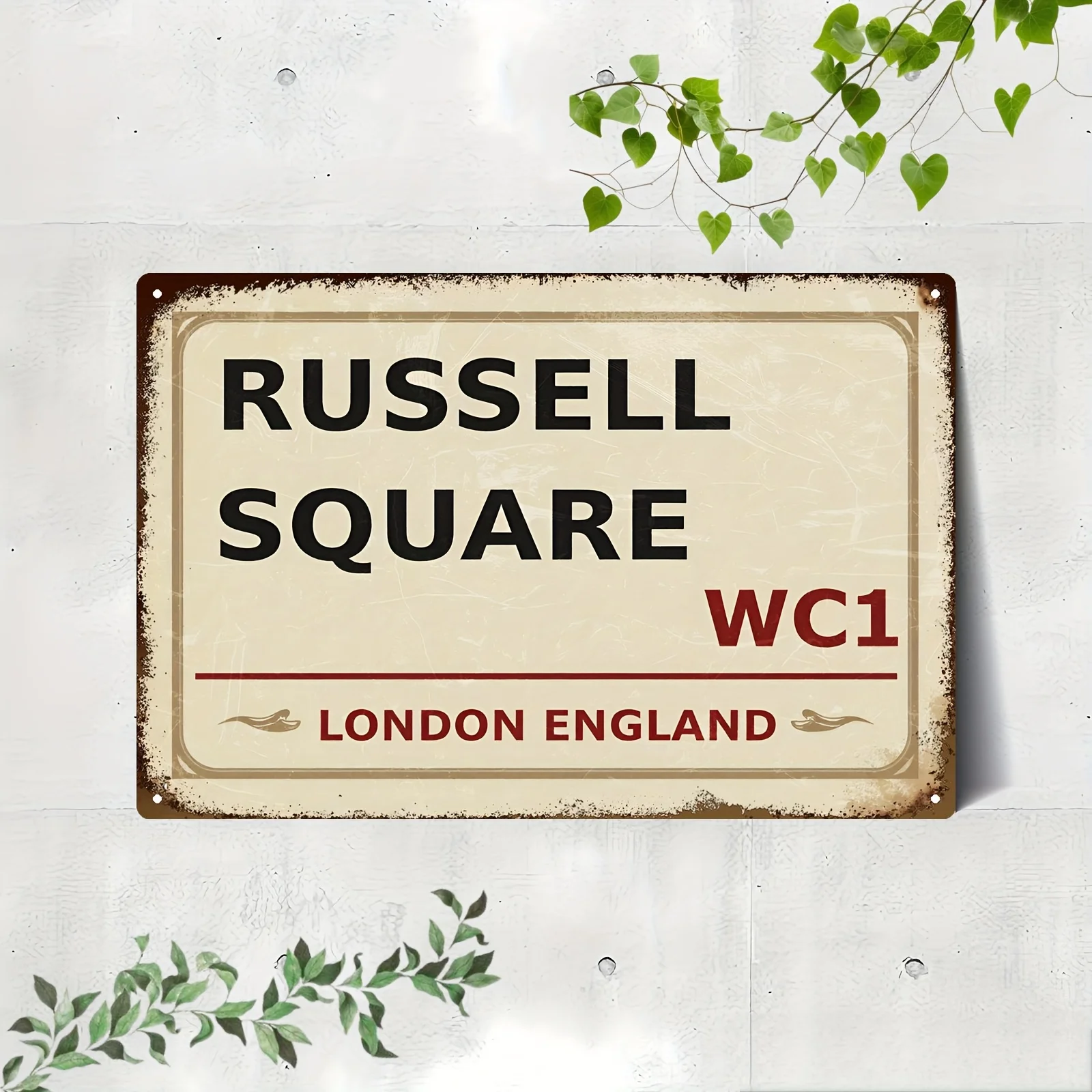 Vintage Russell Square WC1 London England Metal Wall Sign -  Rustic Beige Background with Red & Black Text - Home Bar Cafe Deco
