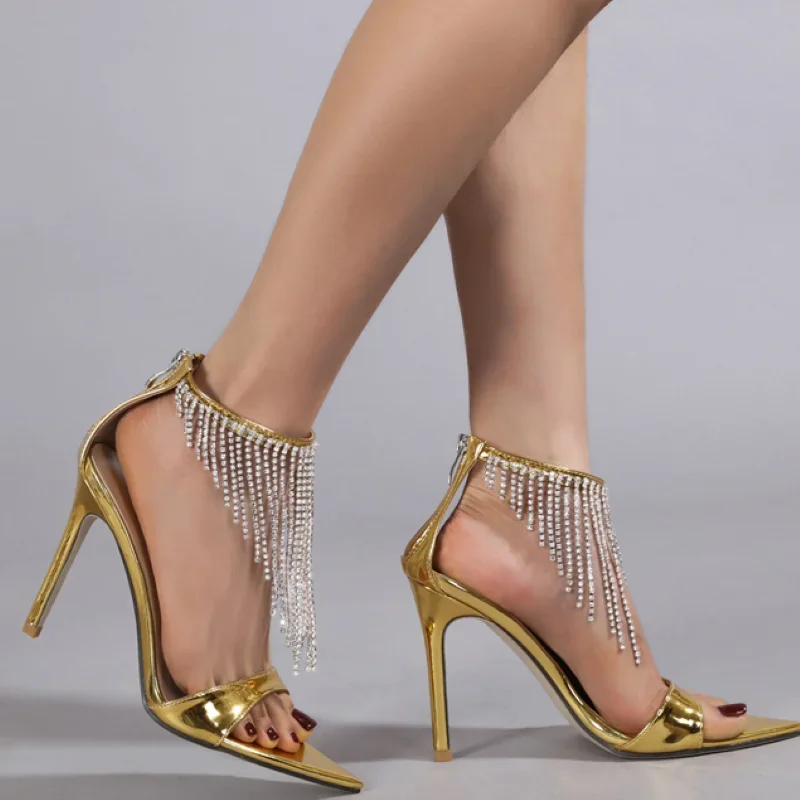 Xibeilove 2024 Summer Feminine Pointed Toe Rhinestone Tassel Gold Wedding High Heel Sandals Women's Banquet Dress Shoes