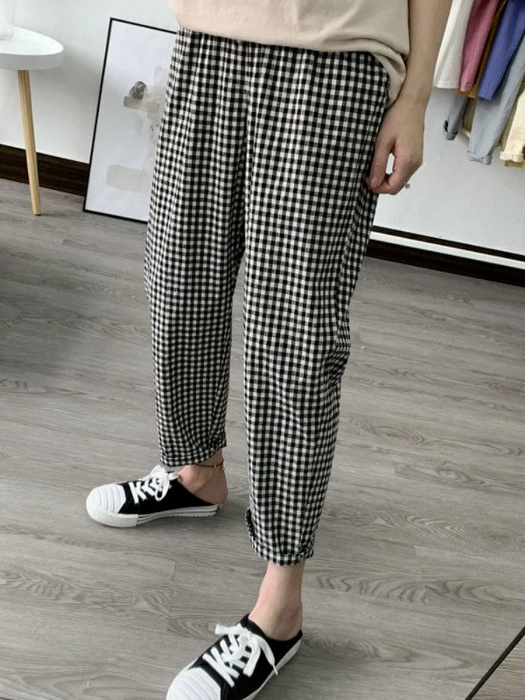 2024 Spring Summer Plaid Pants Women\'s  Harem Pants Capris Drawstring Waist Large Size Casual Loose Cotton Linen Trousers Women