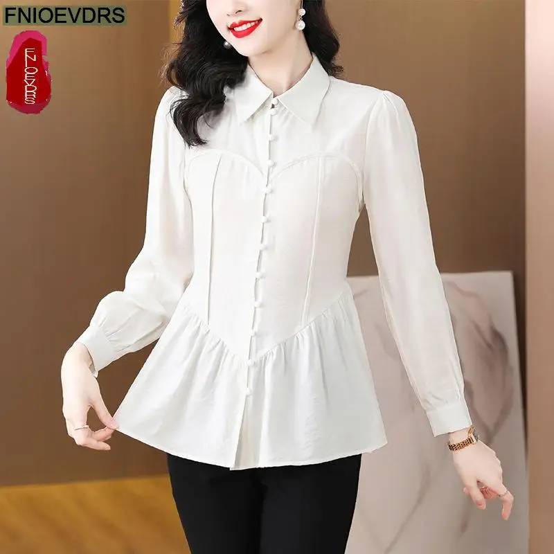 S-3XL 2023 Vrouwen Europese Stijl Kantoor Dame Werk Formele Basic Shirt Ruches Buik Tuniek Peplum Top Blouses