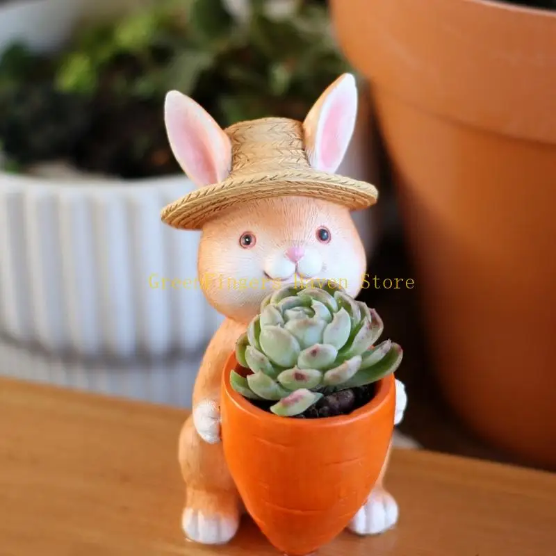 F68D Whimsical Rabbit Sculpture Resin Flower Pot Container For Succulents Lovers