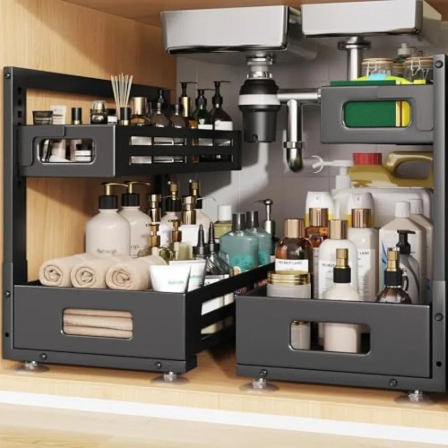 

Органайзер под раковину, 2 шт., 19 дюймов, выдвижной органайзер для шкафа с гладкой цилиндрической направляющей, металлический выдвижной ящик для кухни
