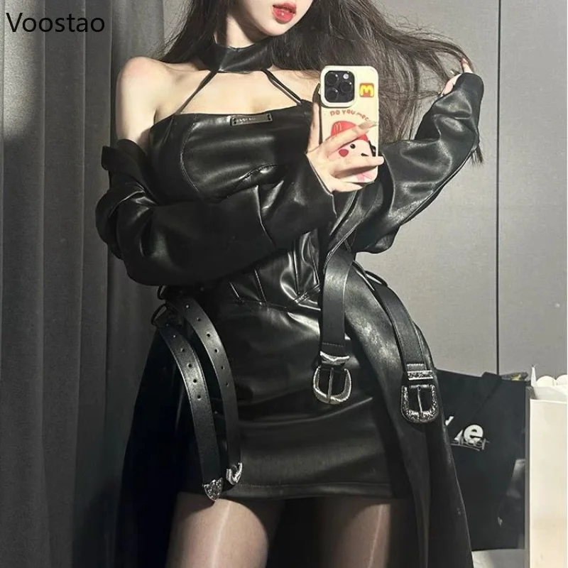 Fashion Sexy PU Leather Black Mini Dresses Set Women Casual Moto Biker Long Coat Y2k Slim Dress Suit Vintage Elegant 2 Piece Set