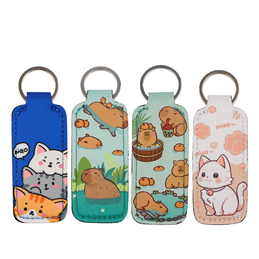 Cute Cat Cartoon Animals Creative Lipstick Holder Keychain Capybara Portable Lipstick Cases Cover Balm Holders Keyring Gift 1PC