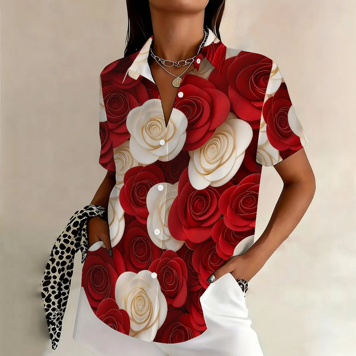 

Женская летняя рубашка больших размеров с коротким рукавом и романтичным принтом в виде роз, милая и модная, для свиданий и повседневной носки.