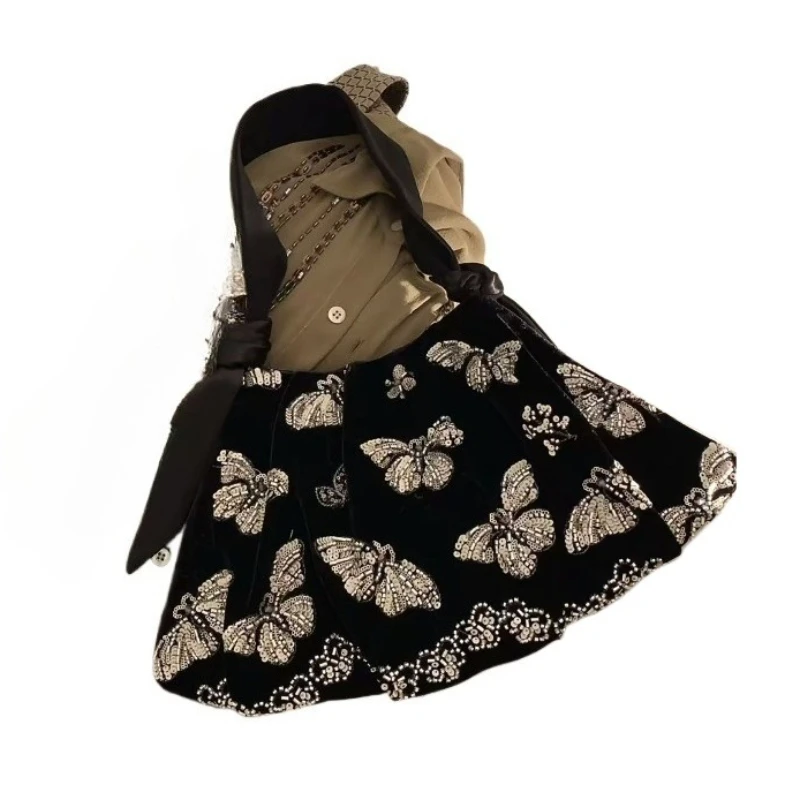 

2026 Butterfly Bead Bag Premium Sense Beaded Embroidered Velvet Folded Large Capacity Commuter Bag Fan Underarm Shoulder Bag