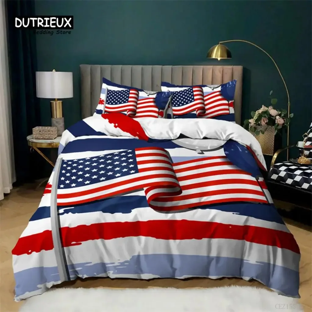 National Flag Bedding Set Queen Size Microfiber Geometric Stripe American Flag Print Duvet Cover With Pillowcases Bedroom Decor