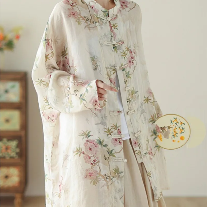 New Chinese Style Floral Print Button Shirt Women's Mid-Length Retro Stand Collar Cardigan Top