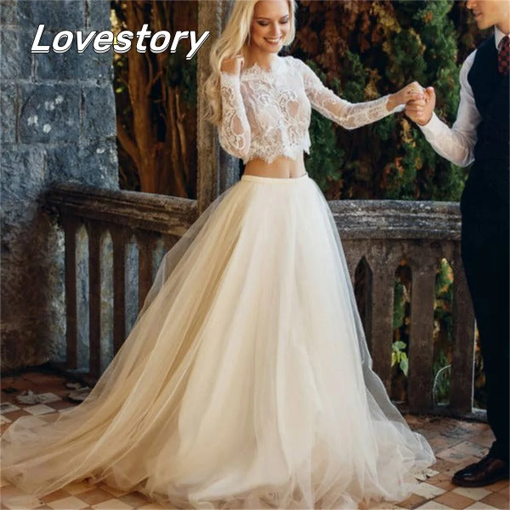 

Fashion A-Line Wedding Dresses Long Sleeves Illusion Bride Robes Two Pieces Lace Bridal Gowns Appliques O Neck Vestido De Noiva