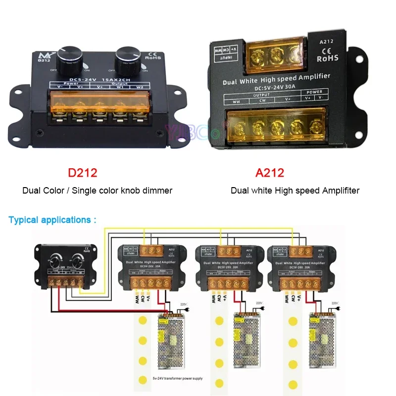 5V~24V 12V 30A Dual color led strip controller CCT Knob dimmer switch,LED Dual white High speed Amplifiter power Signal Repeater