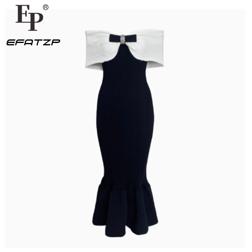 Black Bow One Shoulder Knitted Mermaid Dress Women 2024 Autumn New Collection Elegant Slim Long Dresses 5240251