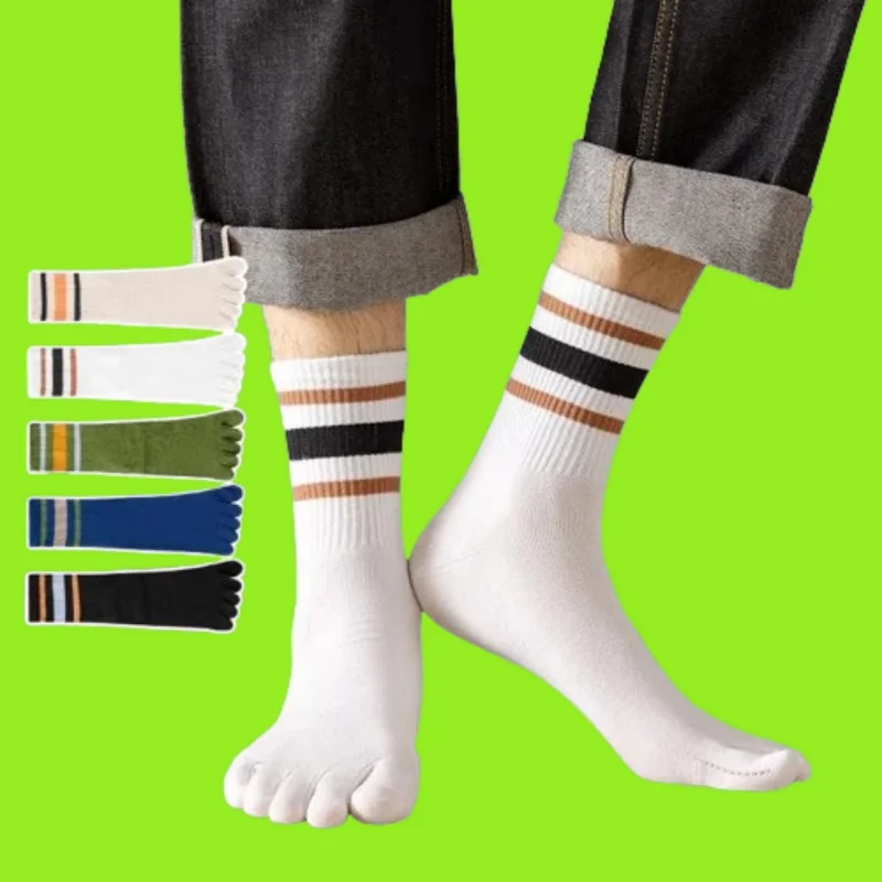 5/10 Pairs New Men's Five Fingers Sports Socks Breathable Sweat-Absorbing Mid Tube Stripe Split Toe Sports High Quality Socks