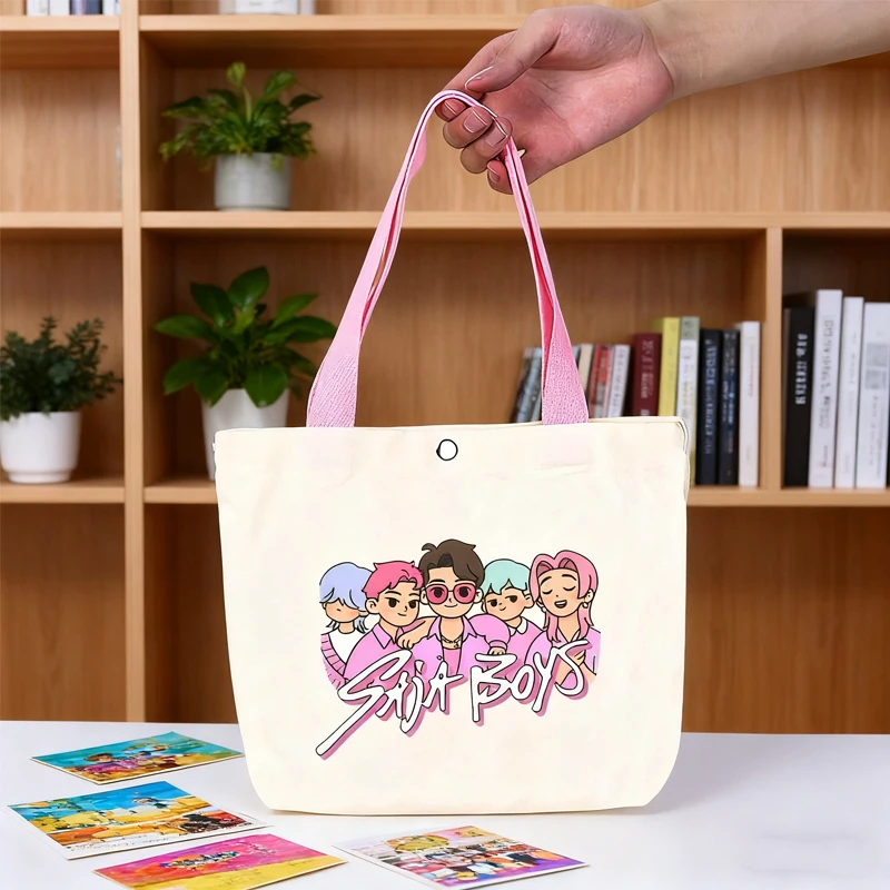 

KPop Demon Hunters Handheld Canvas Bag Convenient Easy Handbag Cute Cartoon Anime Pattern Storage Bag Friend Birthday Gift