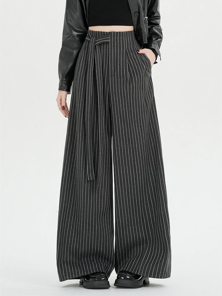 

Темпераментные полосатые шерстяные широкие брюки женские осенью и зимой 2025 с высокой талией на шнуровке в пол, костюмные брюки