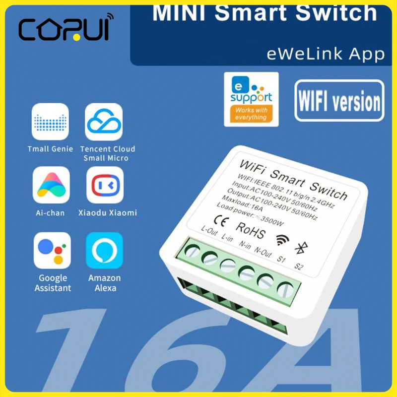 CoRui EWeLink Smart Switch Wifi 16A Mini 1 Way Module On Off Breaker Wireless Remote Voice Timing App For Google Home Alexa