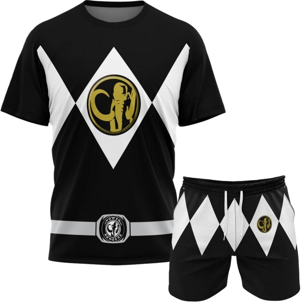 Conjunto Esportivo Unissex Bandai Power Rangers Verão 2026: Camiseta e Shorts Oversized Respiráveis de Secagem Rápida para Fitness e Corrida ﻿