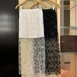French Chic Elegant Skirts for Women Sequined Mesh Sheer Patchwork Female Maxi Skirt Summer High Waist Sheath Skirt