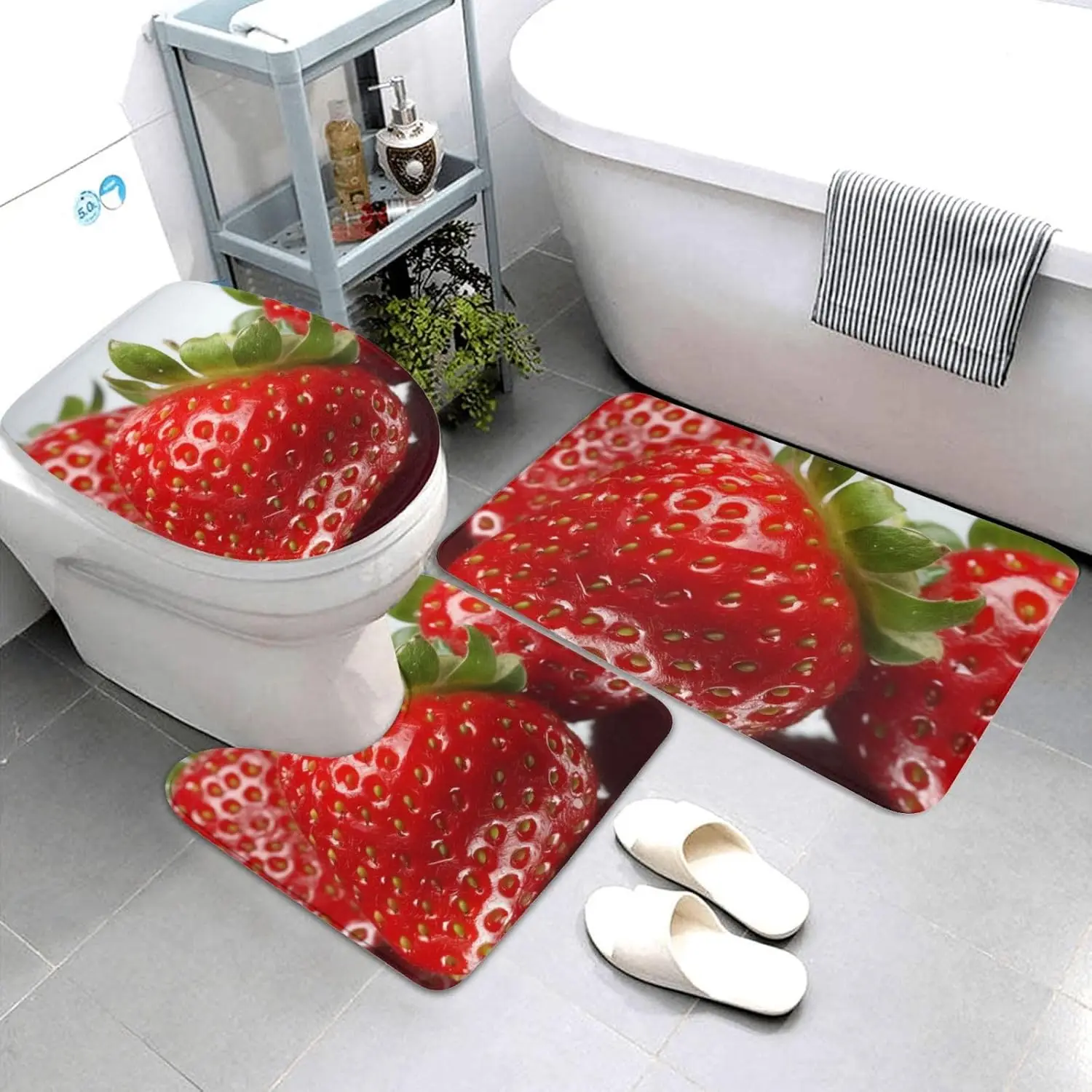 أطقم سجاد حمام فاكهة الفراولة الحمراء مكونة من 3 قطع، سجادة حمام ماصة غير قابلة للانزلاق على شكل حرف U مع غطاء مرحاض