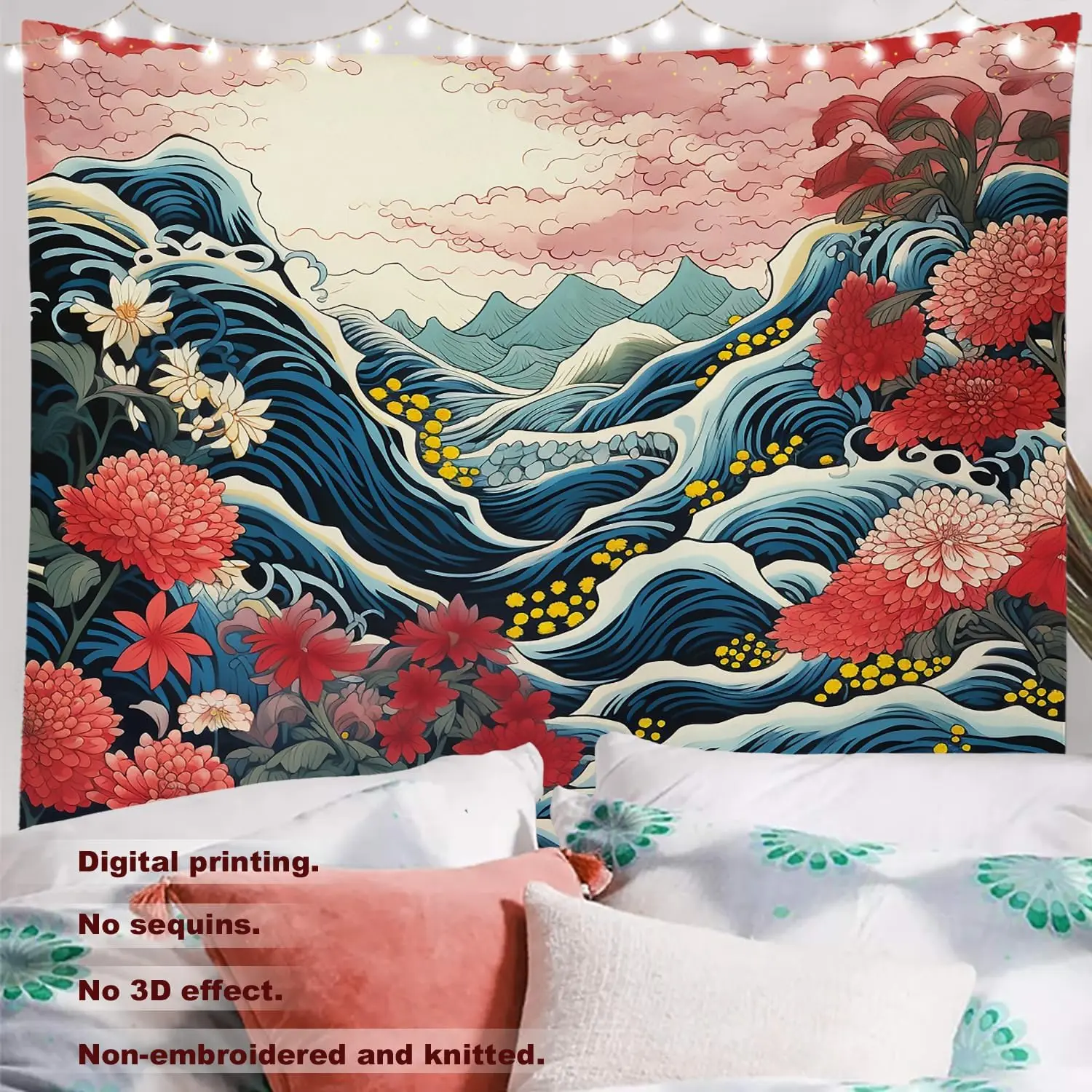 Luxurious Japanese Wave Floral Tapestry Anime Ukiyo-e Style Ocean Landscape Wall Decor Home Decoration Polyester Print Art