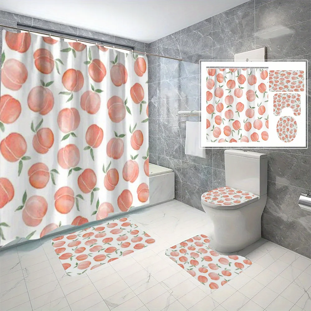 

4 Pieces Spring Pink Peach Bathroom Decorative Shower Curtain U-Shaped Mat Toilet Lid Mat Non-Slip Mat Polyester Fabric