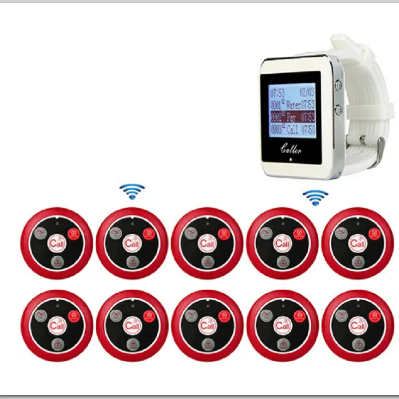 Wireless Pager Restaurant Service Calling System with 10pcs Call Transmitter Button +1pcs Watch Receiver