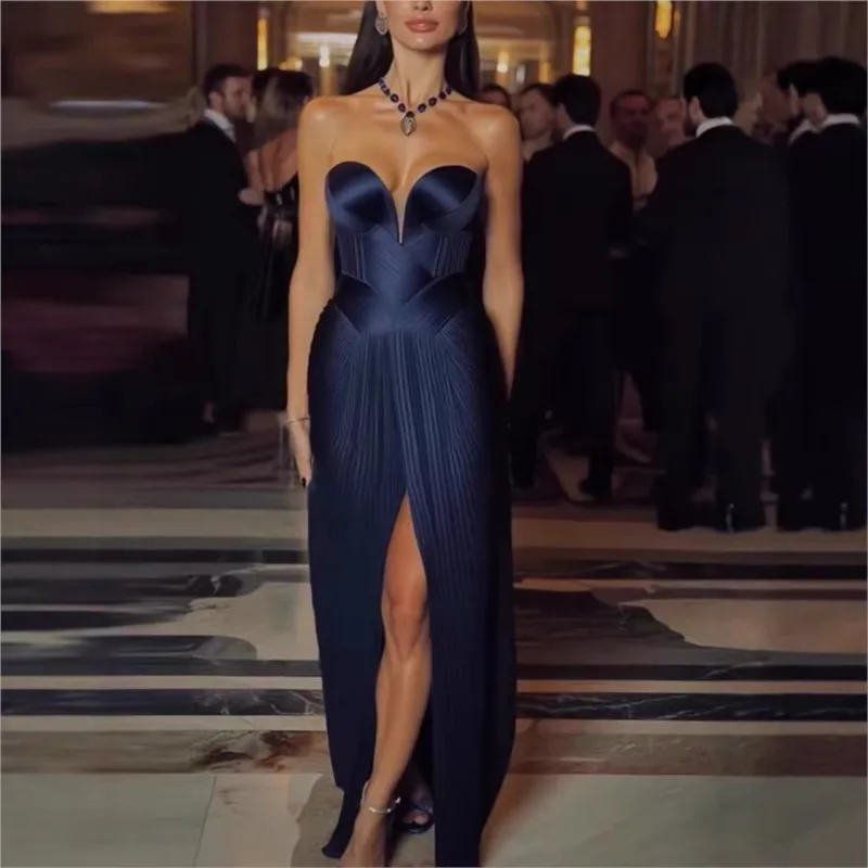 

Women's Summer Dress Woman Elegant High Waist Off Shoulder Split Pleated Dress Sexy Sleeveless Backless Zipper Long Dresses