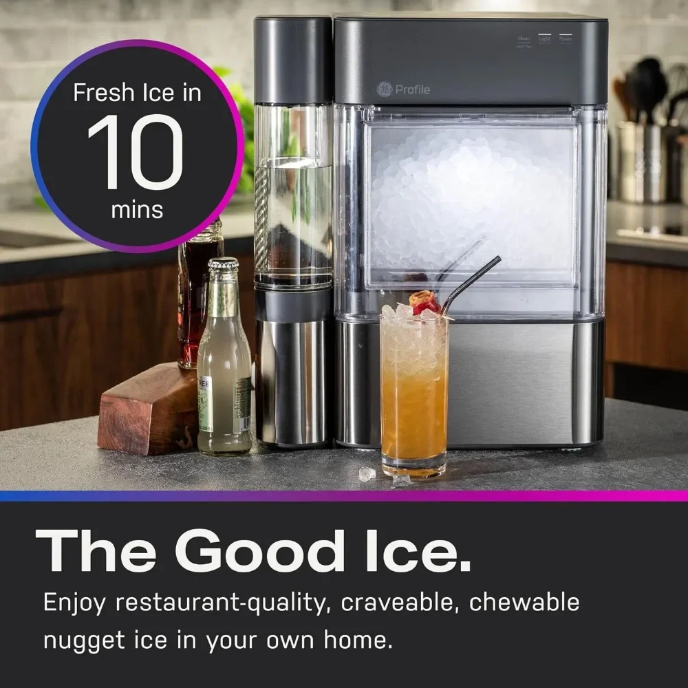 Aço inoxidável Countertop Nugget Ice Maker, 1 galão tanque lateral, Máquina de gelo com conexão Wi-Fi, Smart Home Kitchen