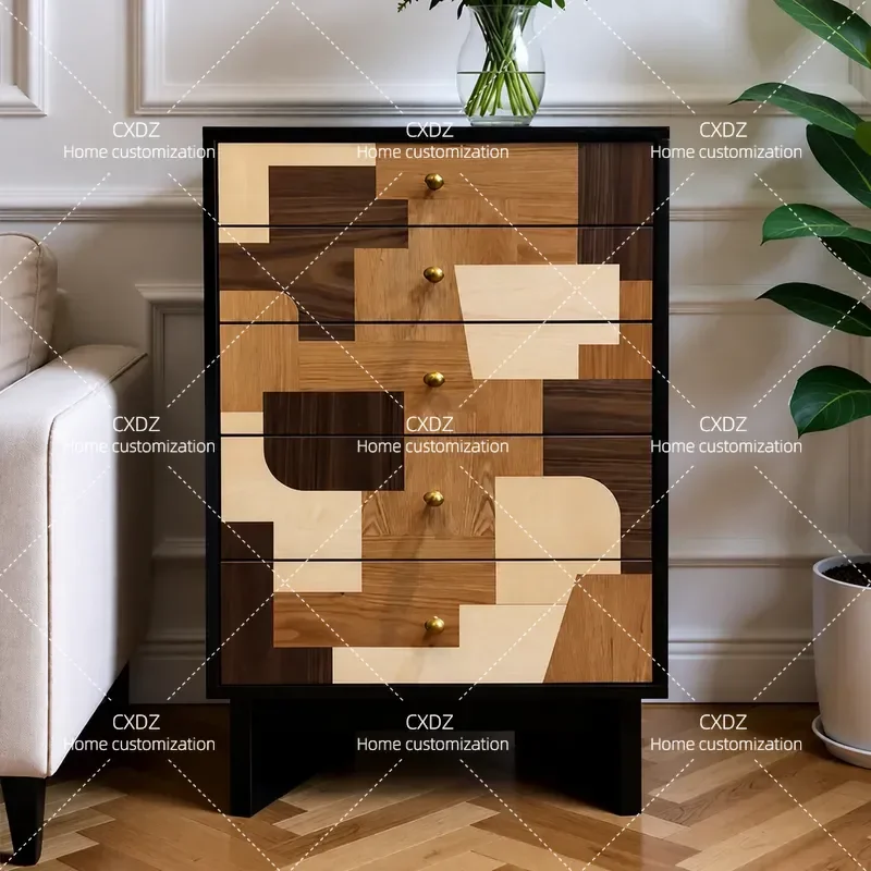 Solid Wood Chest of Drawers Geometric Color Matching Living Room Storage Cabinet Household Stand with Drawers for Home