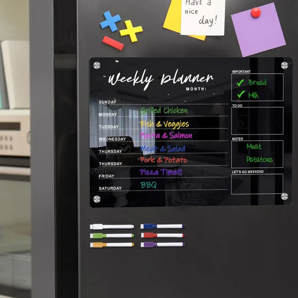 กระดานไวท์บอร์ดกระดานไวท์บอร์ดแม่เหล็กพร้อมแม่เหล็กติดตู้เย็นรายสัปดาห์สีดำปฏิทินสีดำ