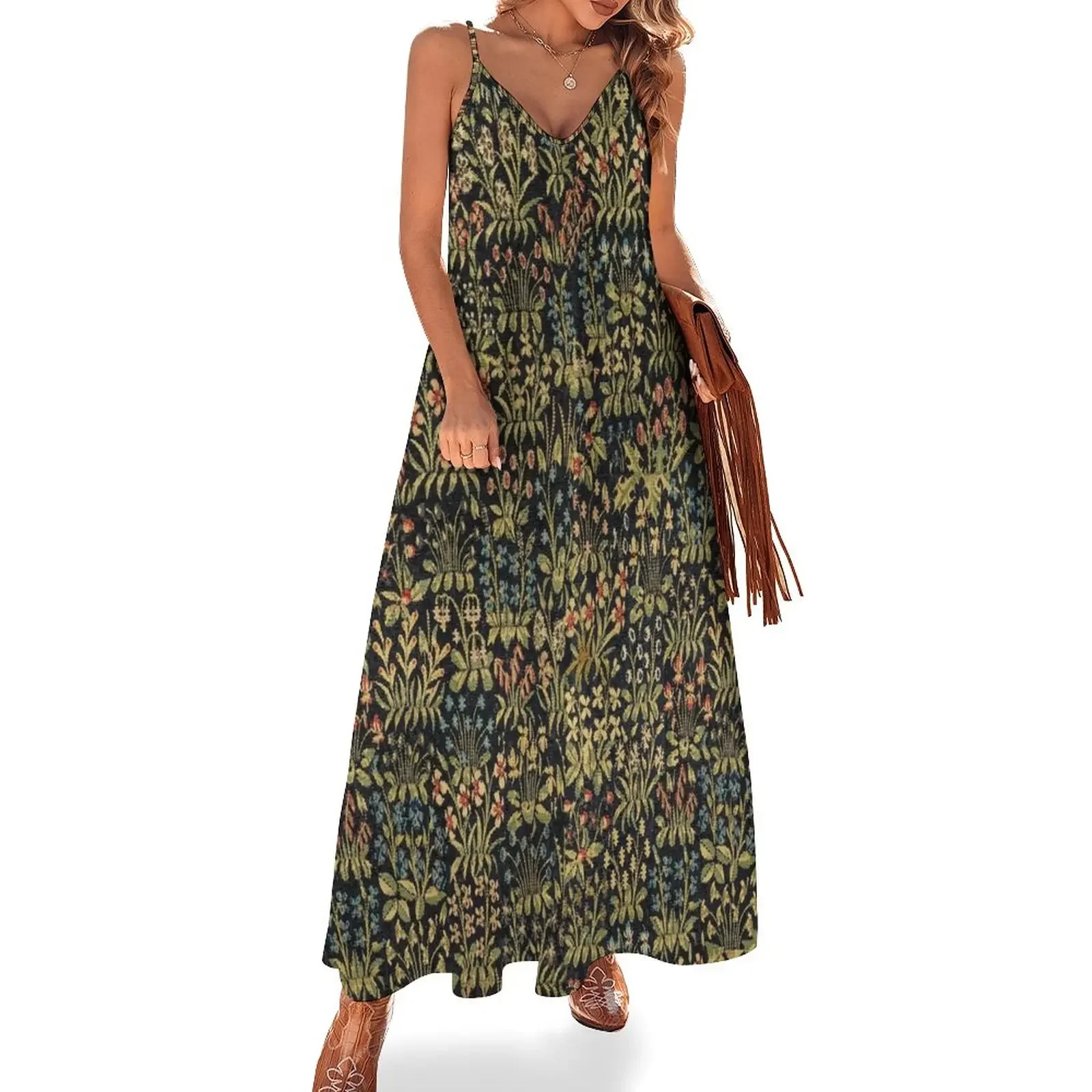 

Medieval Gothic Fantasy Flowers Tapestry Floral Pattern Sleeveless Dress sexy dress women's dresses luxury Dress