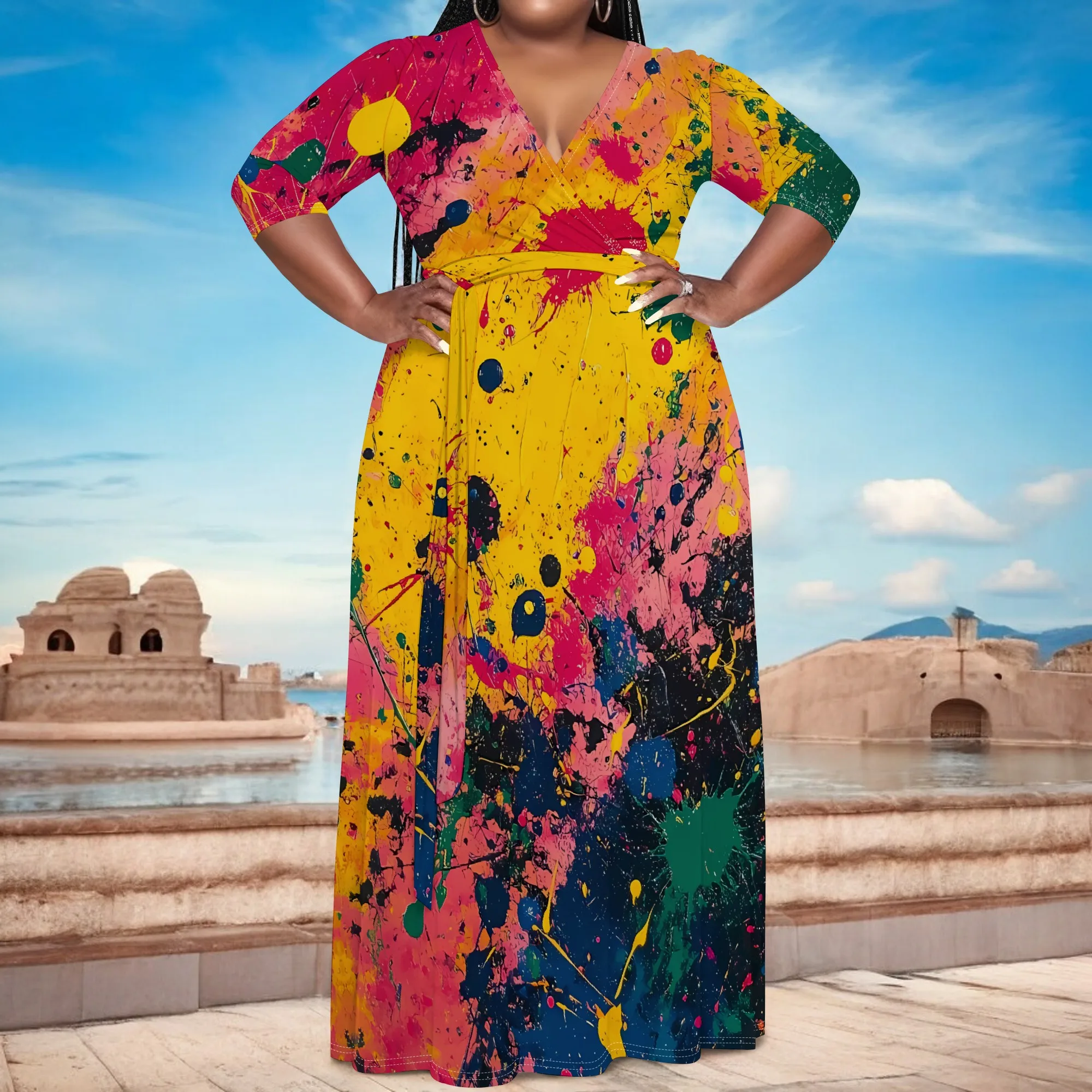 

Nupusa Splash Print Dress for Women Plus Size Summer Casual V Neck Half Sleeve Maxi Dress