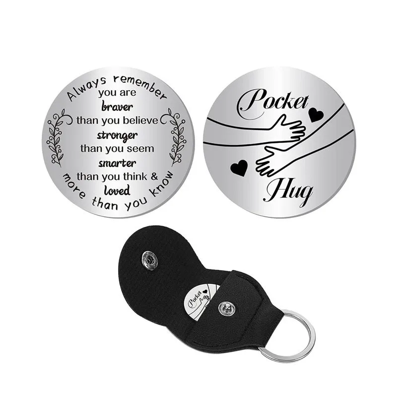 

100 Pocket Hug Token Long Distance Relationship Keepsake Stainless Steel Double Sided Inspirational Gift w PU Leather Keychain