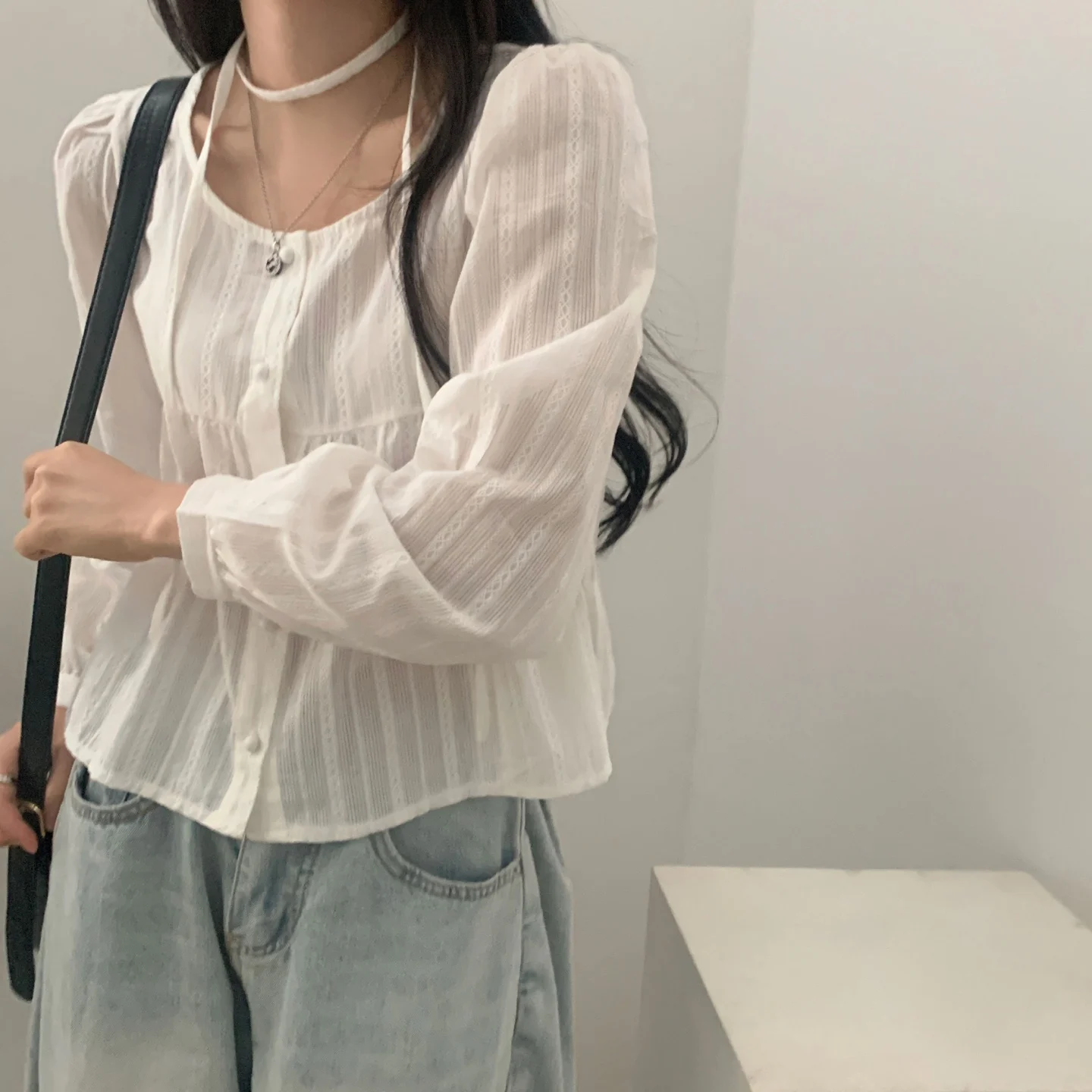 قميص نسائي بسيط للربيع والخريف بحزام وزر واحد وأكمام طويلة، فضفاض ومصنوع من القطن الرقيق بلون واحد، مناسب للأعمال والملابس ال... #1