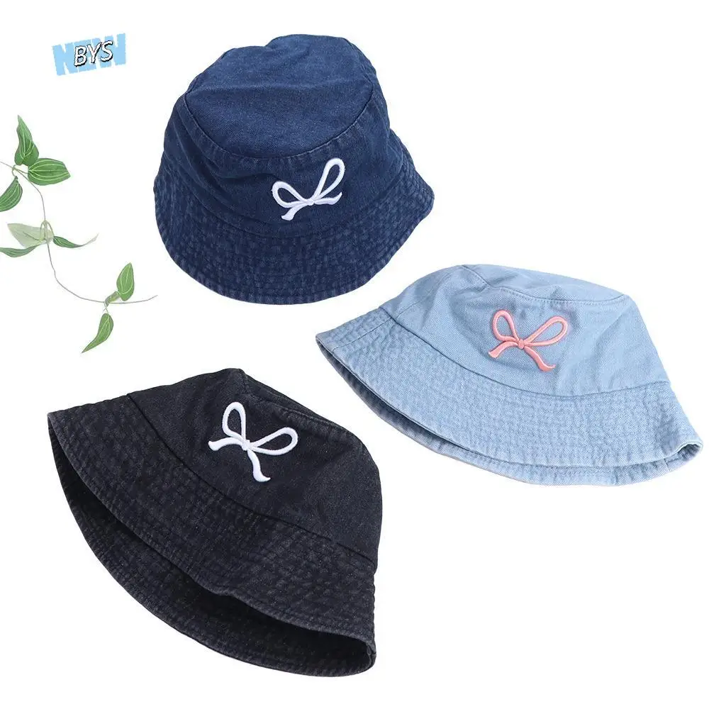 

Fashion Bowknot Bow Fisherman Cap Embroidery Sunscreen Denim Bucket Hat Sun Protection Visor Cap Bow Panama Hat Travel