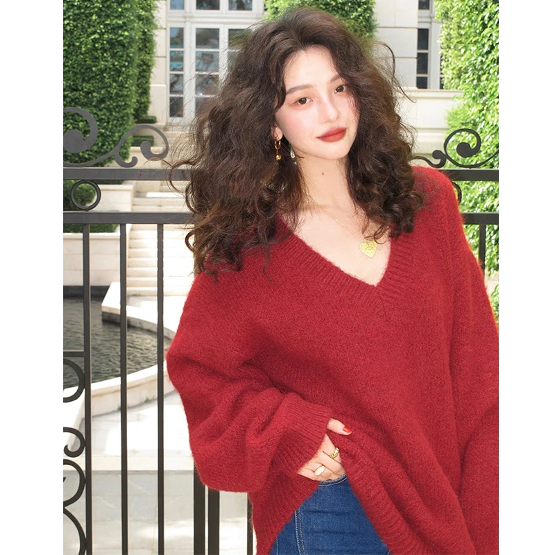 New Year Christmas Oversized Autumn Winter Red Knitted Thick Warm Pullovers Lazy Women V Neck Mohair Long Sleeve Loose Sweater