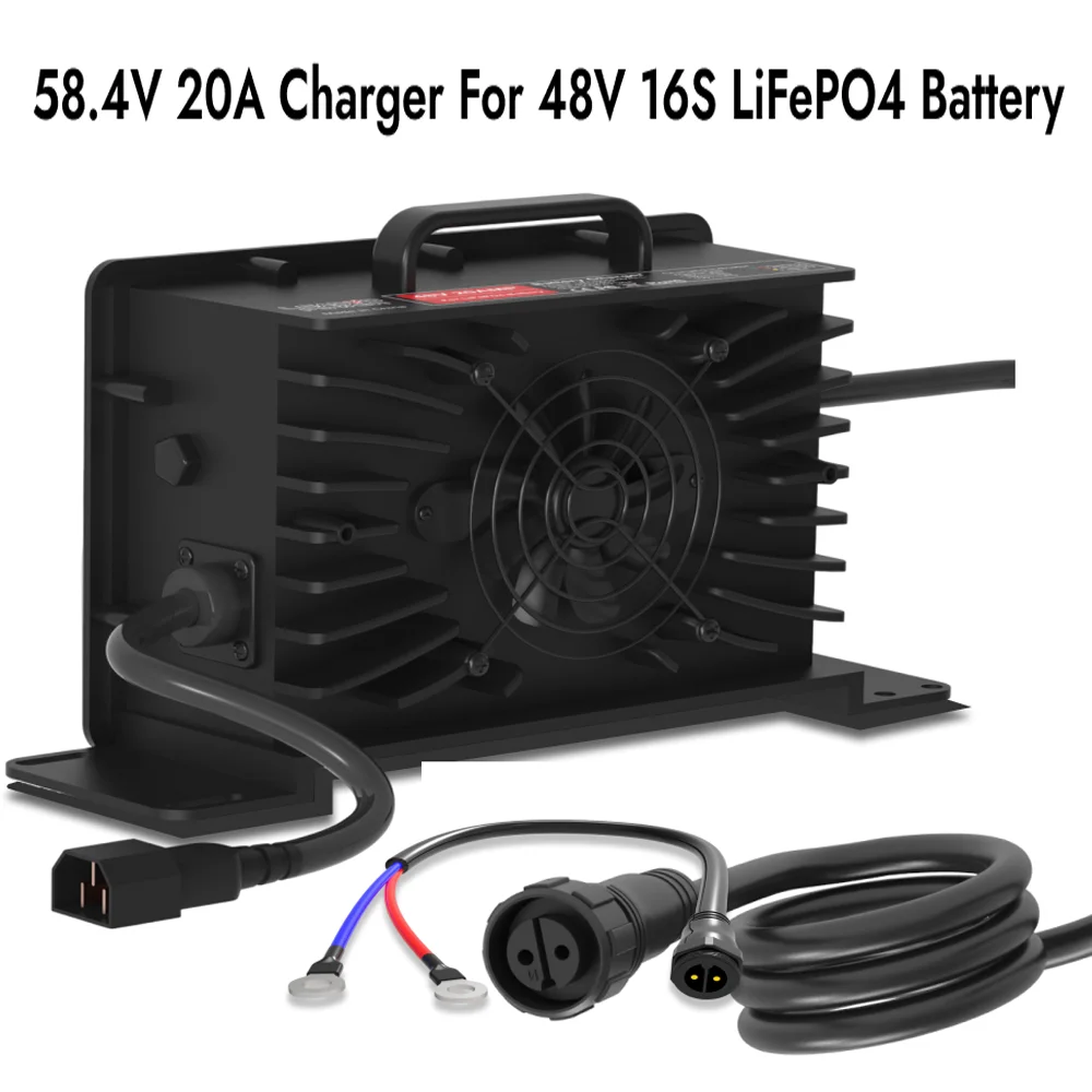 

58.4V 20A Battery Charger for 48V 16S LFP Lifepo4 ion lithium Battery 1200W Hight Power with M8 O-type Plug Fast Smart Charger