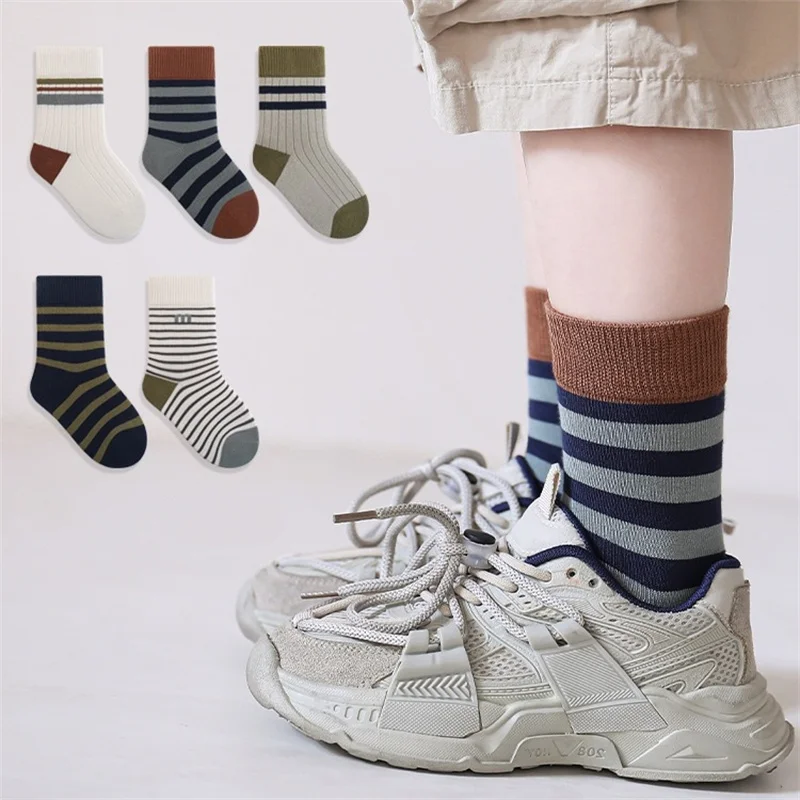 

5Pairs/set Autumn New Children's Socks Casual Striped Socks For Boys Girls Teenagers Cotton College Style Student Sport Sock New