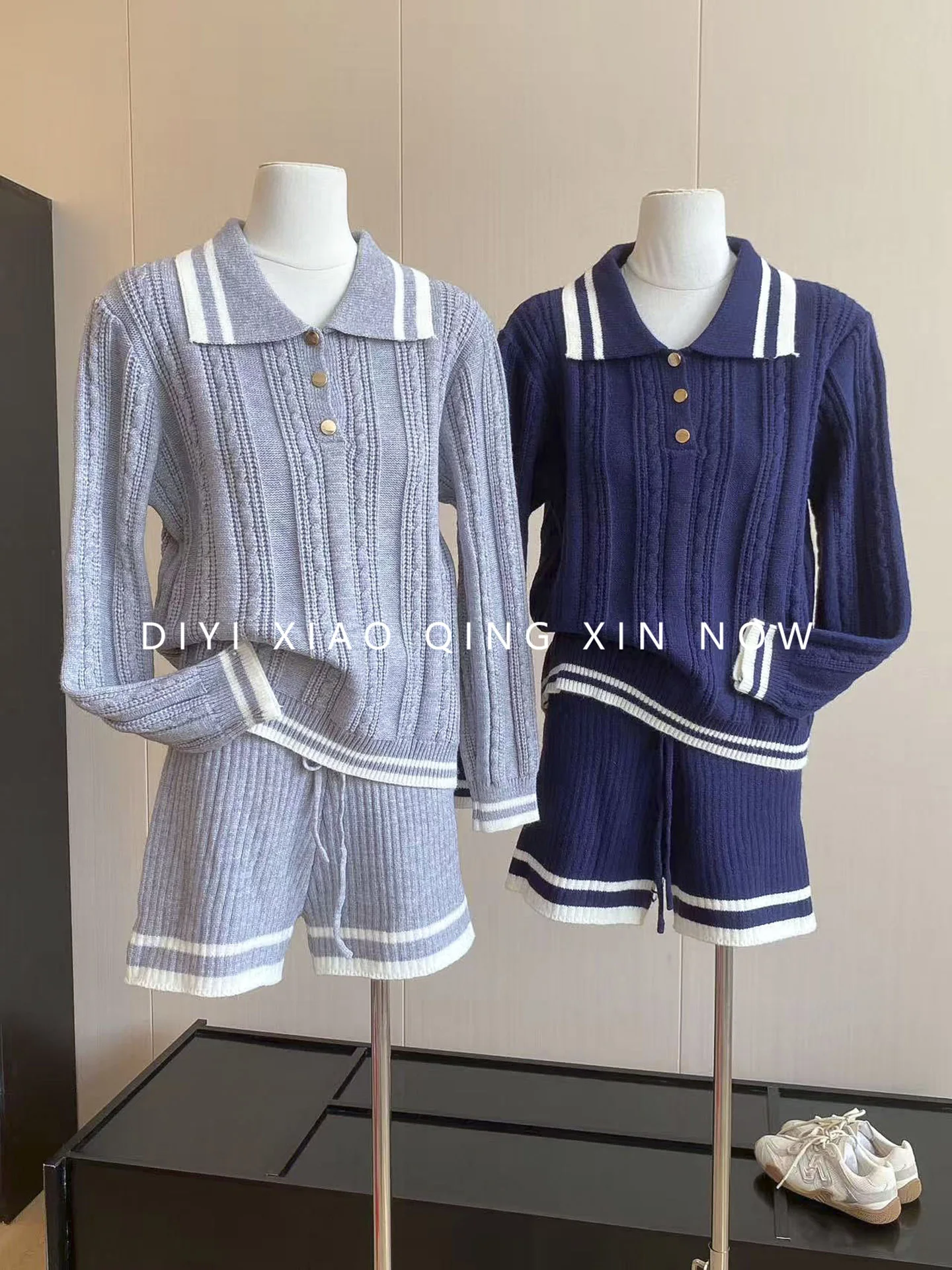 Korean Style College Wind Long Sleeve Collared Knitwear And Shorts Two Piece Set for Women Autumn Fashion Outfit