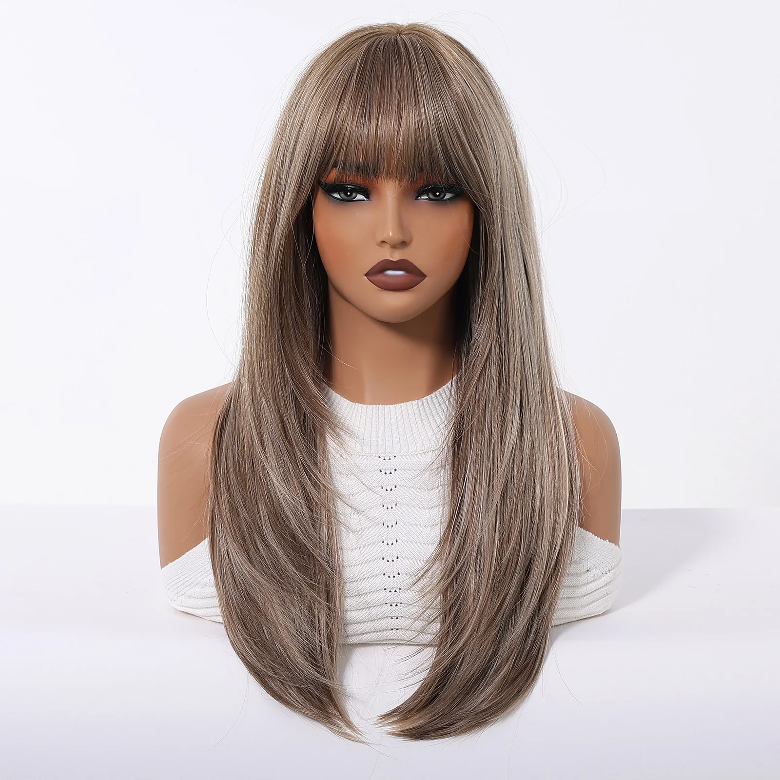 Long Straight Ash Brown Wig with Full Bangs Synthetic Hair for Women Heat Resistant Fiber Daily Wear Cosplay Party Use