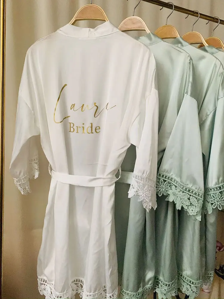 Jubah pribadi gaun pesta pengantin kustom hijau Kimono pengiring pengantin wanita jubah mandi hijau halus & renda Detail gaun pesta pengantin