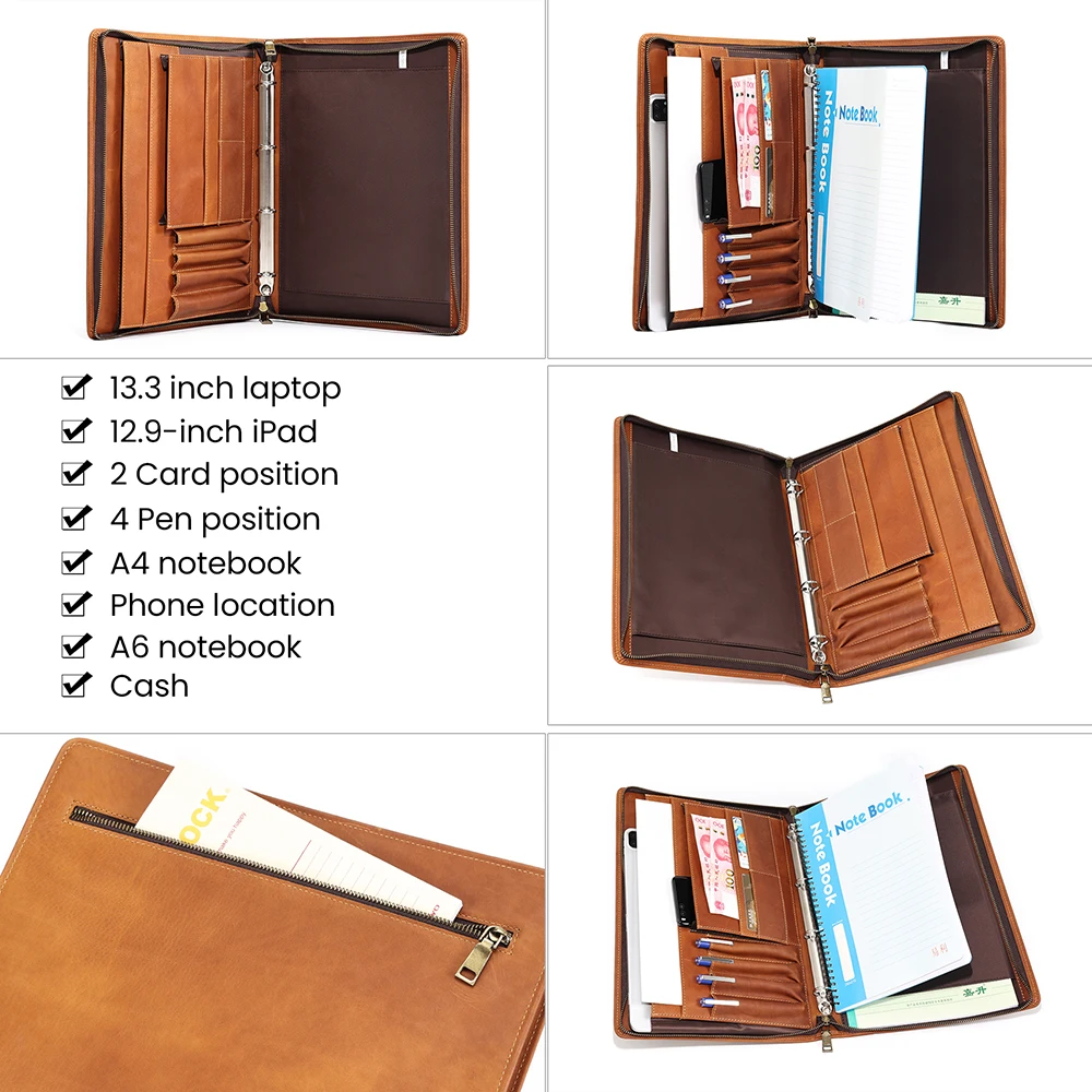 JOYIR Genuine  Leather Portfolio Case Men Women Multi Pocket Padfolio Cover Bussiness Document A4 Organizer 12.9\