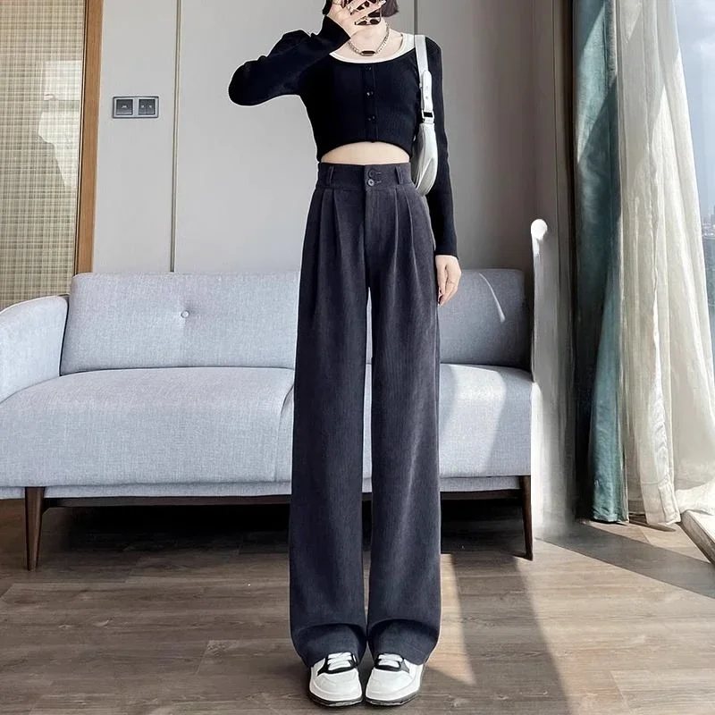Corduroy Plus Velvet Thicker Casual Pants Women Fall Winter Keep Warm Soft Solid Color Female High Waist Wide Leg Trousers Chic