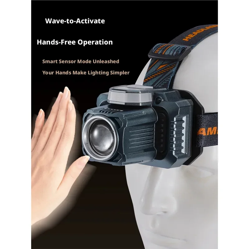 Headlight Strong Light Super Bright Rechargeable Head Mounted Ultra Long Endurance, Six Color Light Source Induction Night Fishi